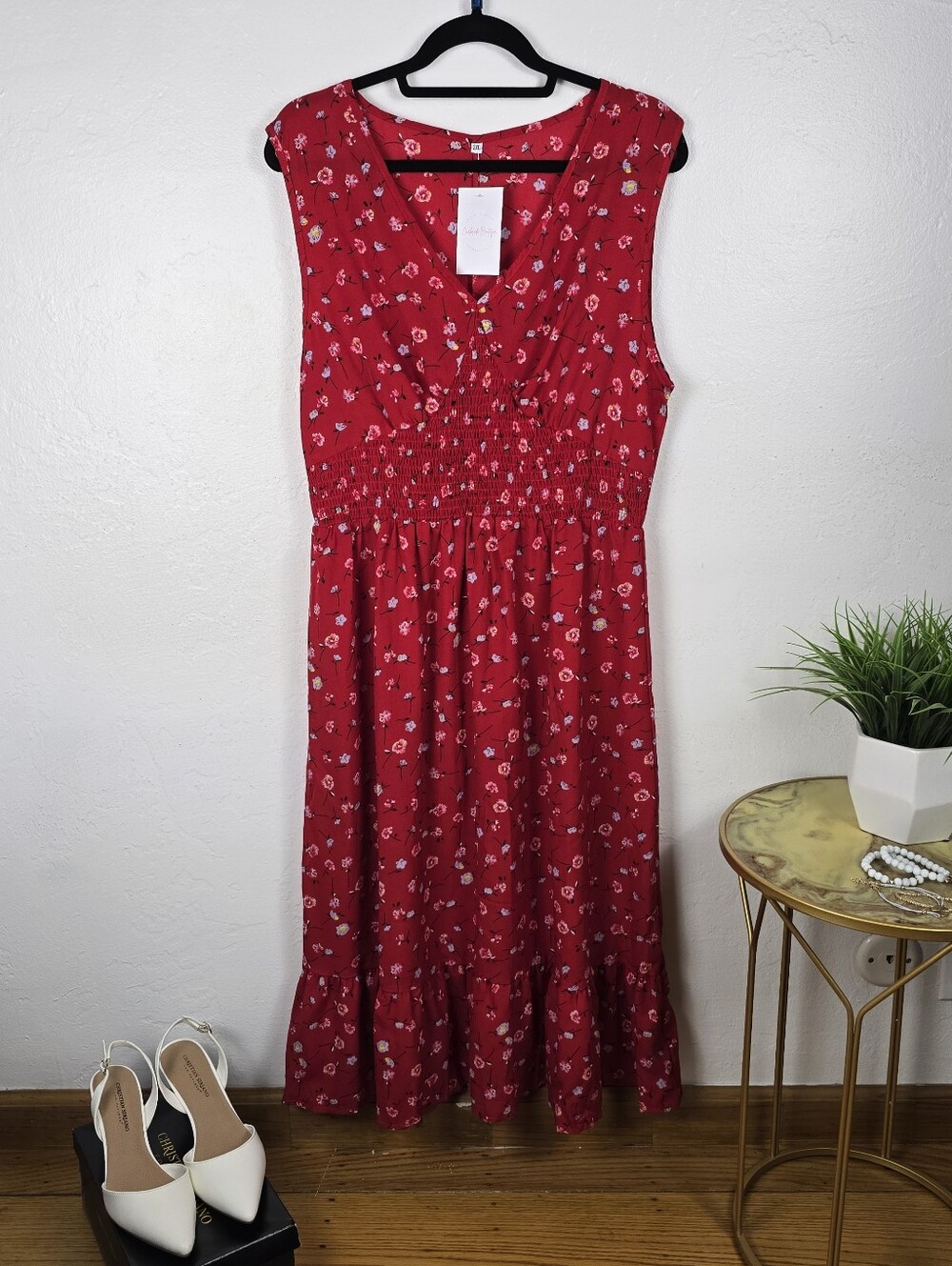 Elings Red Floral Sleeveless Midi Dress - 2XL